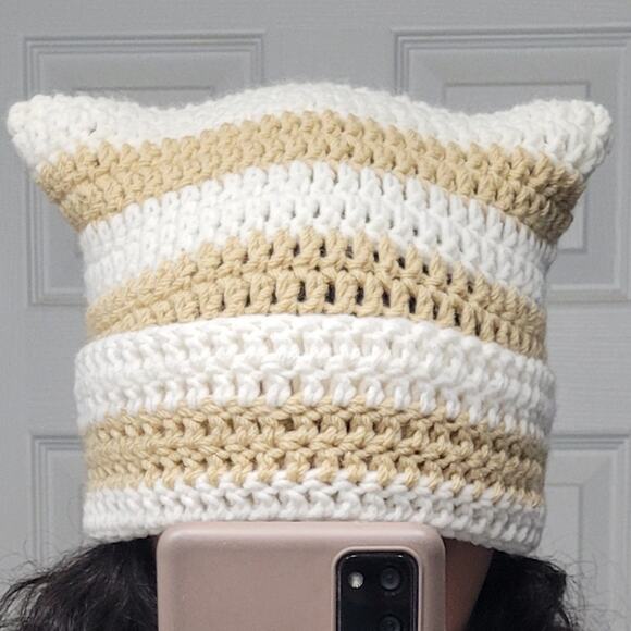 Handmade Crochet Y2k Streetwear Striped Cat Ear Beanie - Picture 1 of 1